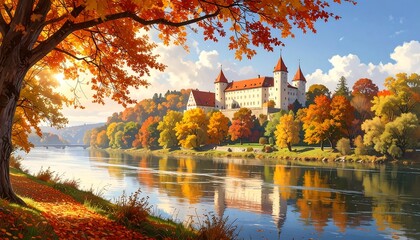 Autumn castle by a river