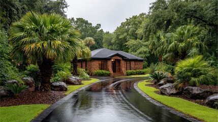 Brick house with lush landscaping on wet driveway