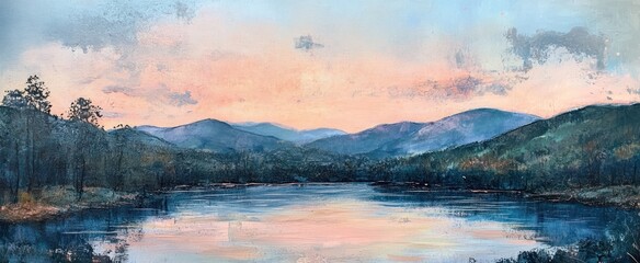 Expressive painting of a tranquil mountain lake reflecting a pastel sunset sky