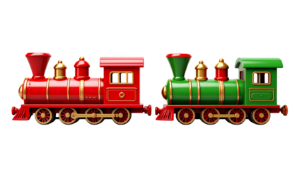  Red Festive Christmas Train and Green Holiday Train, isolated on transparent background