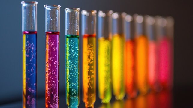 A row of test tubes filled with colorful liquids, arranged in a rainbow pattern.