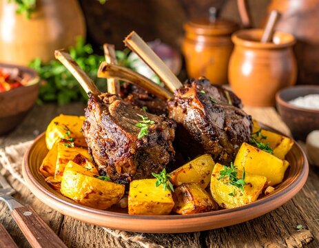 Authentic roasted lamb from Andorra, Xai rostit, with potatoes and herbs, styled on rustic wooden surface with cozy atmosphere.
