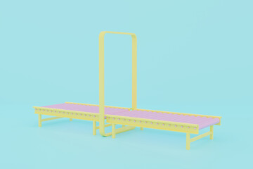 vector illustration of a chair. 3D render yellow roller conveyor machine on blue background. Modern warehouse equipment, factory automation, logistics production line, transport.