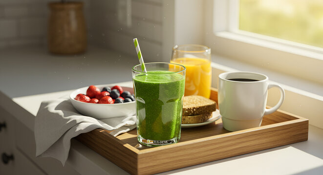 Smoothie, orange juice, coffee, and berries on wooden breakfast tray  