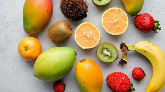 Assorted fresh fruits arranged on a light gray surface