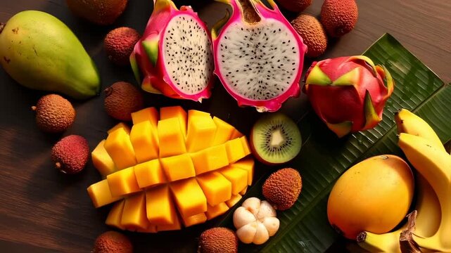 Assorted tropical fruits displayed on a dark surface with banana leaves