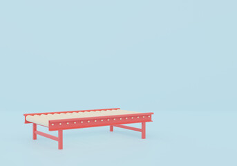 bench in the snow. 3D render red roller conveyor machine with white rollers on blue. Modern warehouse equipment, logistics automation, factory production line and industrial material handling system.