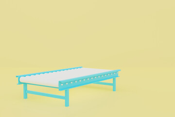 bench in the park. 3D render blue roller conveyor machine with white rollers on yellow background. Modern warehouse equipment, factory automation, logistics production line and transport system.