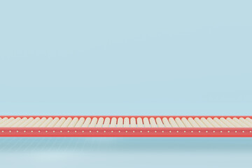 red and white background. 3D render red roller conveyor machine with white rollers on blue. Modern warehouse equipment, logistics automation, factory production line and industrial transport system.