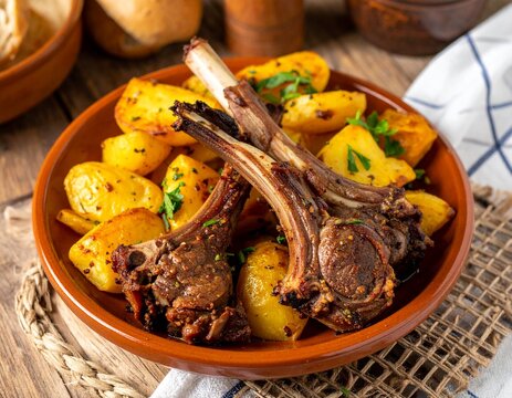 Xai rostit roasted lamb with potatoes and herbs, photographed in rustic style with wooden table and warm country inspired light.