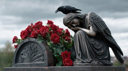 Bronze angel sculpture at memorial with red roses