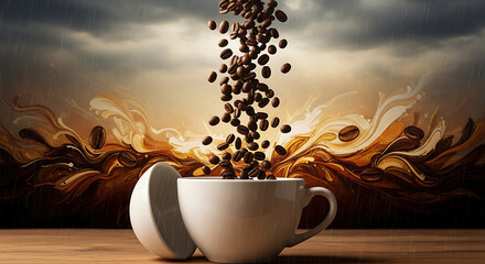 Coffee beans falling into a white cup against a swirling coffee background and rain creating a moody atmosphere