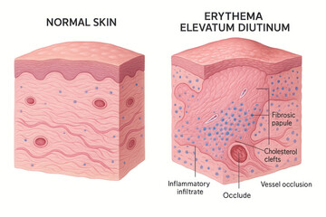 Obraz premium Medical illustration comparing normal skin structure with the pathological changes seen in Erythema Elevatum Diutinum, highlighting inflammatory infiltrate, fibrosic papules, cholesterol clefts, and v