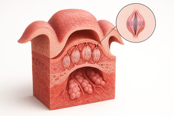 Cross-section of a tongue illustrating papillae and taste buds, with a magnified view of a taste bud.