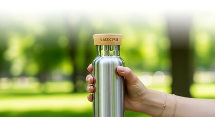 Reusable Water Bottle Held Outdoors in Nature.