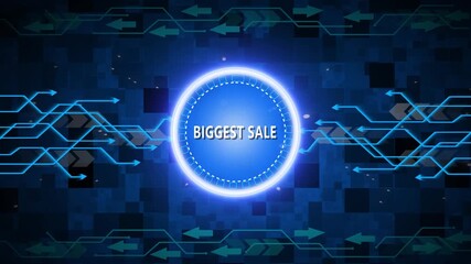 Glowing Blue Circle With Biggest Sale Text On Futuristic Digital Background With Arrows discount offer