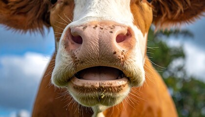 Close-up of a cow's face, showing its nose and mouth; dirt is visible