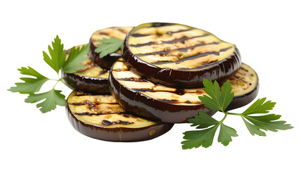 Delicious grilled eggplant slices garnished with fresh parsley isolated on transparent background