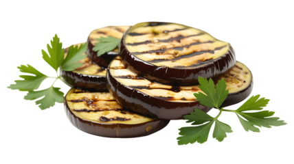 Delicious grilled eggplant slices garnished with fresh parsley isolated on transparent background