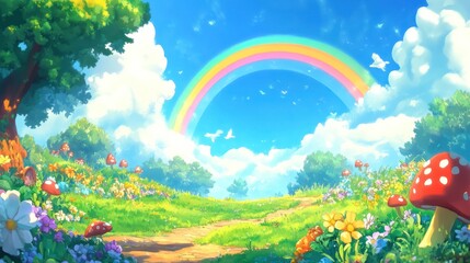 Vibrant landscape with rainbow mushrooms and flowers under a bright blue sky