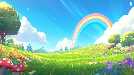 Vibrant cartoon landscape with rainbow fields flowers trees and clear sky