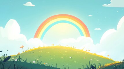 Cartoon illustration of rainbow arching over green hill under bright sky