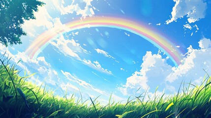 Vibrant rainbow arcs across a bright blue sky with fluffy white clouds and green landscape