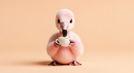 Cute pink flamingo chick enjoying a cup of cappuccino against a soft peach background in a whimsical scene