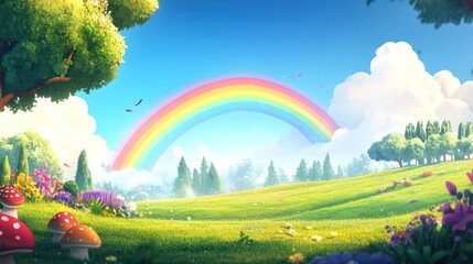 Vibrant rainbow over lush green meadow and fantasy landscape scene