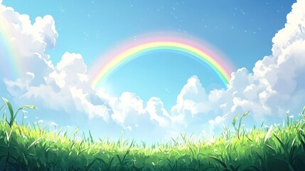 Vibrant rainbow arching across a blue sky above green grass landscape