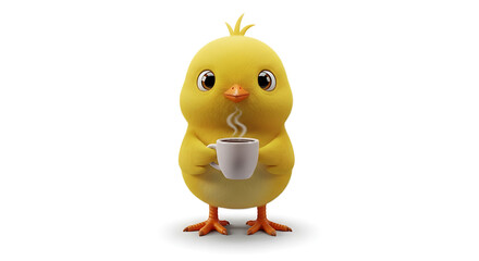 Adorable fluffy yellow chick holding a steaming cup of coffee on a clean perfect for spring designs