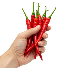 Hand holding red chili peppers isolated on white or transparent background. PNG