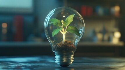 Green plant growing inside a transparent light bulb environmental concept