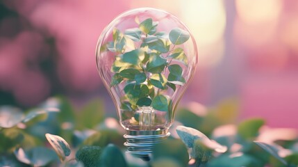 Lightbulb with green plant inside against blurred pink background nature concept