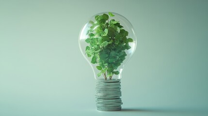 Eco friendly concept plant growing inside lightbulb on a coin stack