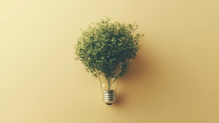 Green plant life growing inside a lightbulb on a solid yellow background