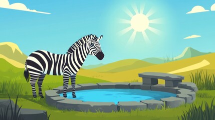 Cartoon zebra standing near water hole under sunny sky