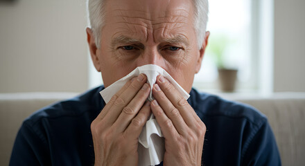 Middle-aged man, distressed mood, wiping tears, on a soft background in a living room