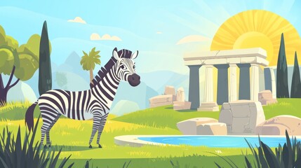 Cartoon zebra stands near ancient building sunny day illustration