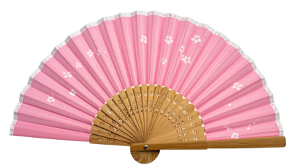 A light pink hand fan with a delicate white floral pattern.  The fan's frame is light beige wood, and a white lace trim runs along the outer edge
