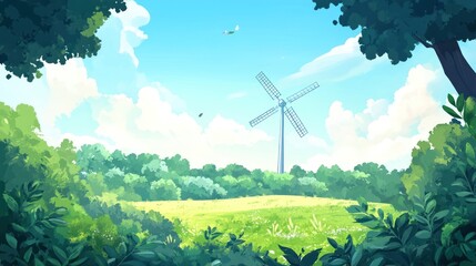 Idyllic rural landscape with wind turbine under bright blue sky and lush greenery