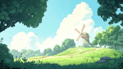 Idyllic landscape illustration of a windmill on a grassy hill under a bright sky