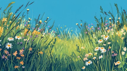 Vibrant meadow illustration with wildflowers against a bright blue sky