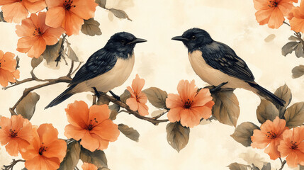 Two birds among orange flowers
