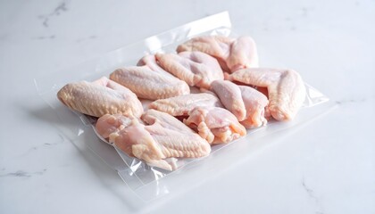 Fresh Chicken Wings in Plastic Packaging on Marble Surface