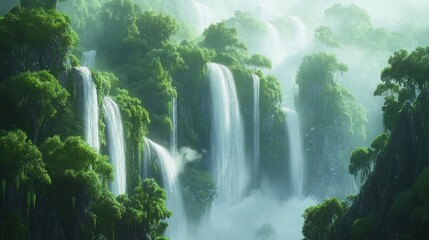 Cascading waterfalls and lush greenery in a serene landscape