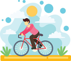 Man riding bicycle under bright sunshine illustration