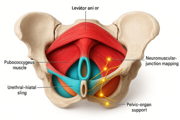 Anatomical illustration of the human pelvic floor muscles and associated structures, highlighting the pubococcygeus muscle, urethral-hiatal sling, levator ani muscle, neuromuscular junction mapping, a