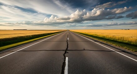Long straight road through golden fields under a dramatic sky.