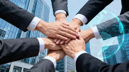 Businesspeople Stacking Hands with Holographic Earth in City